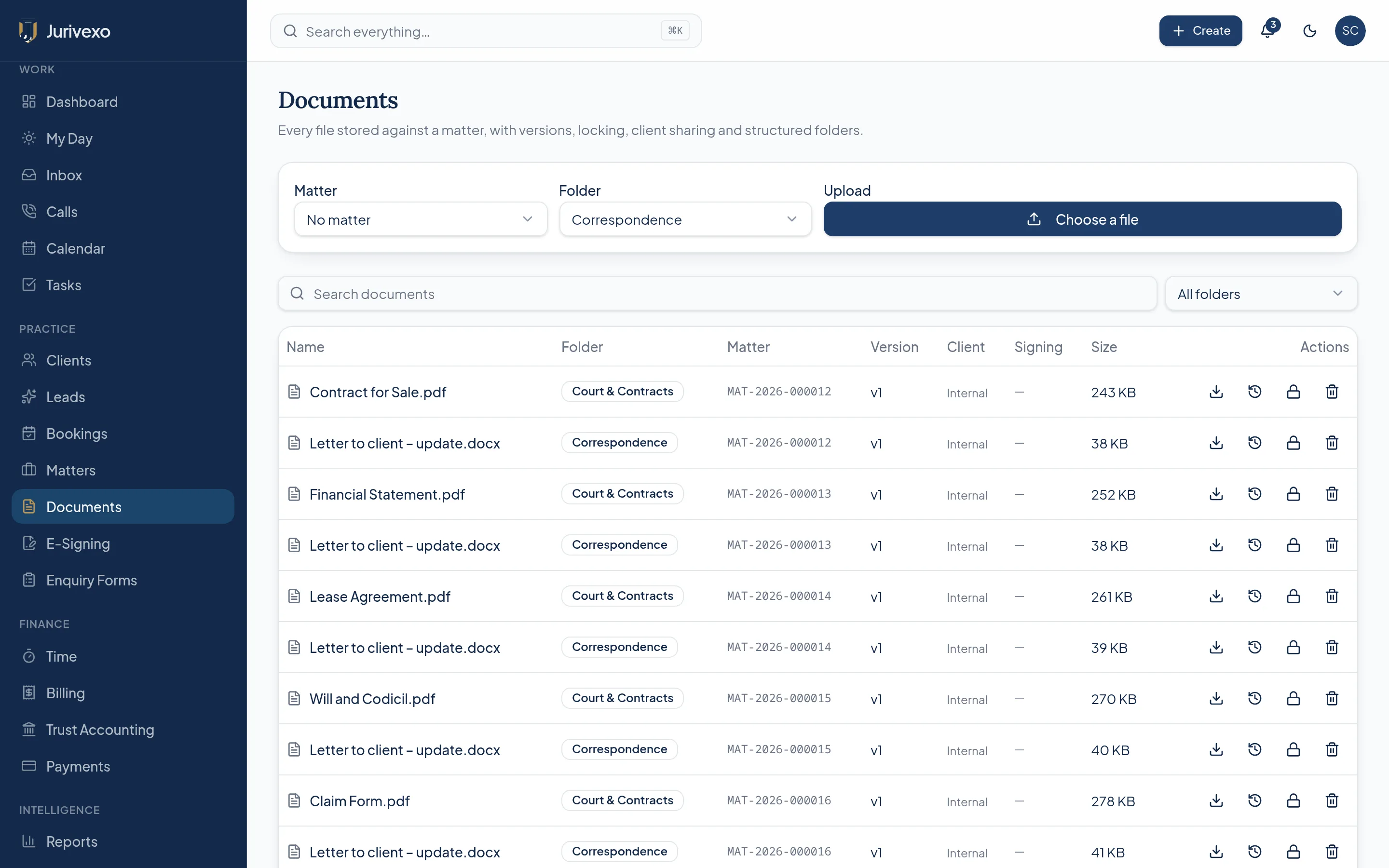 Jurivexo document management screen listing matter documents with versions and activity