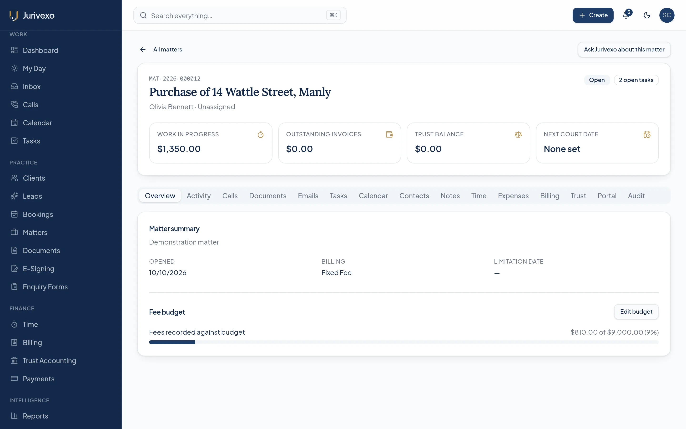 Jurivexo matter workspace showing work in progress, outstanding invoices, trust balance and the next court date for a demonstration matter
