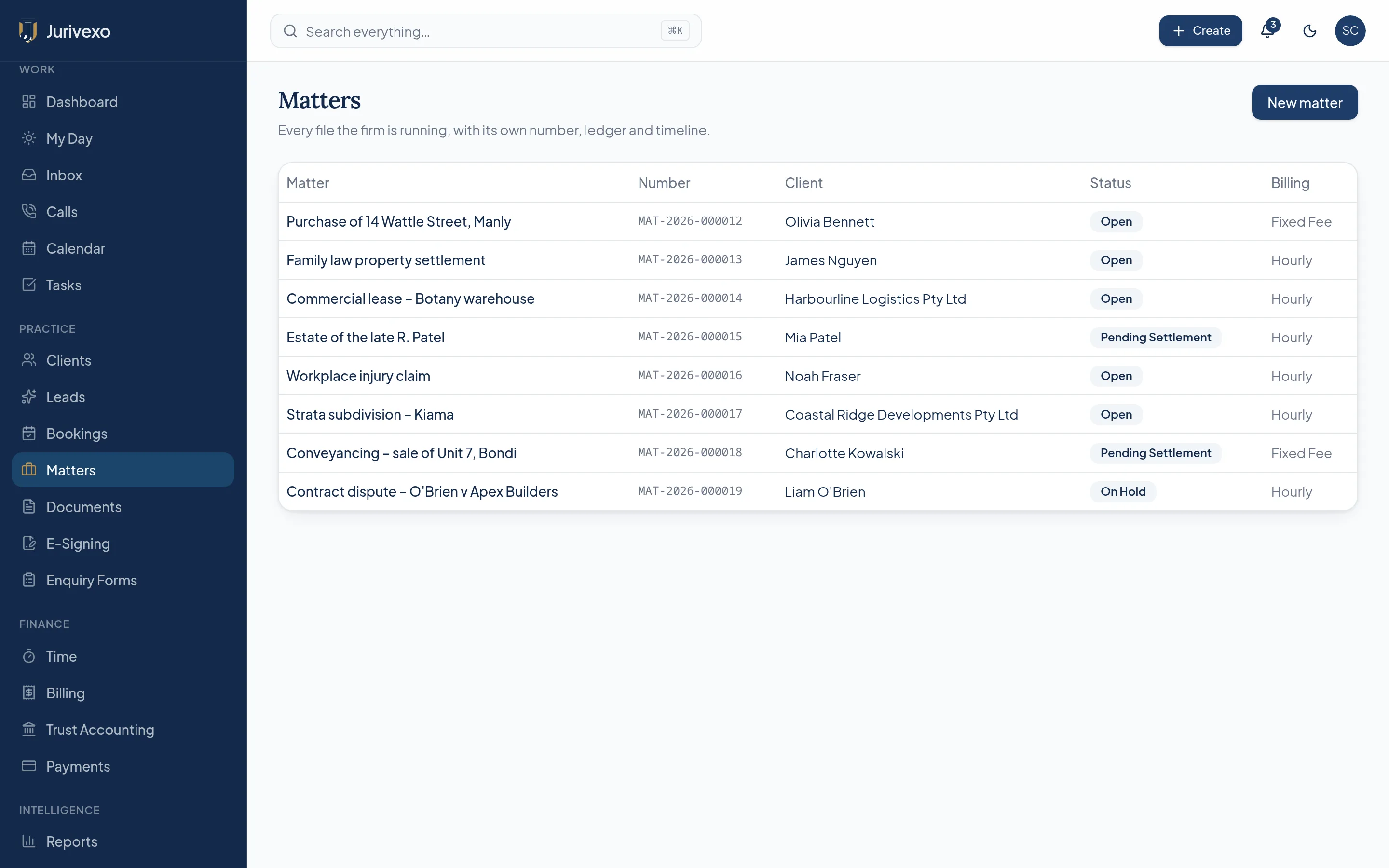 Jurivexo matters list showing demonstration matters with status, client and responsible solicitor