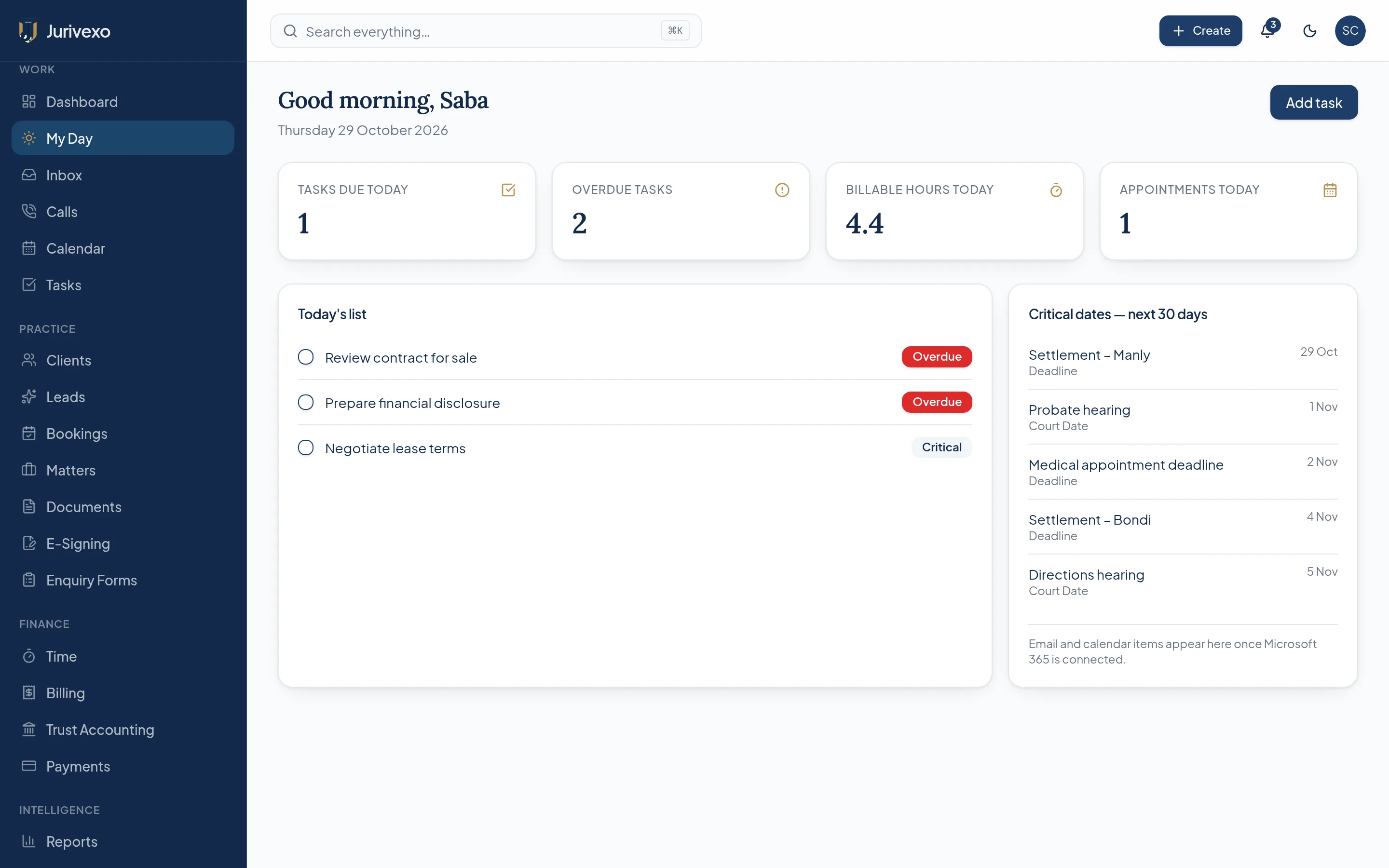 Jurivexo My Day screen showing today's tasks and critical court and limitation dates for demonstration matters