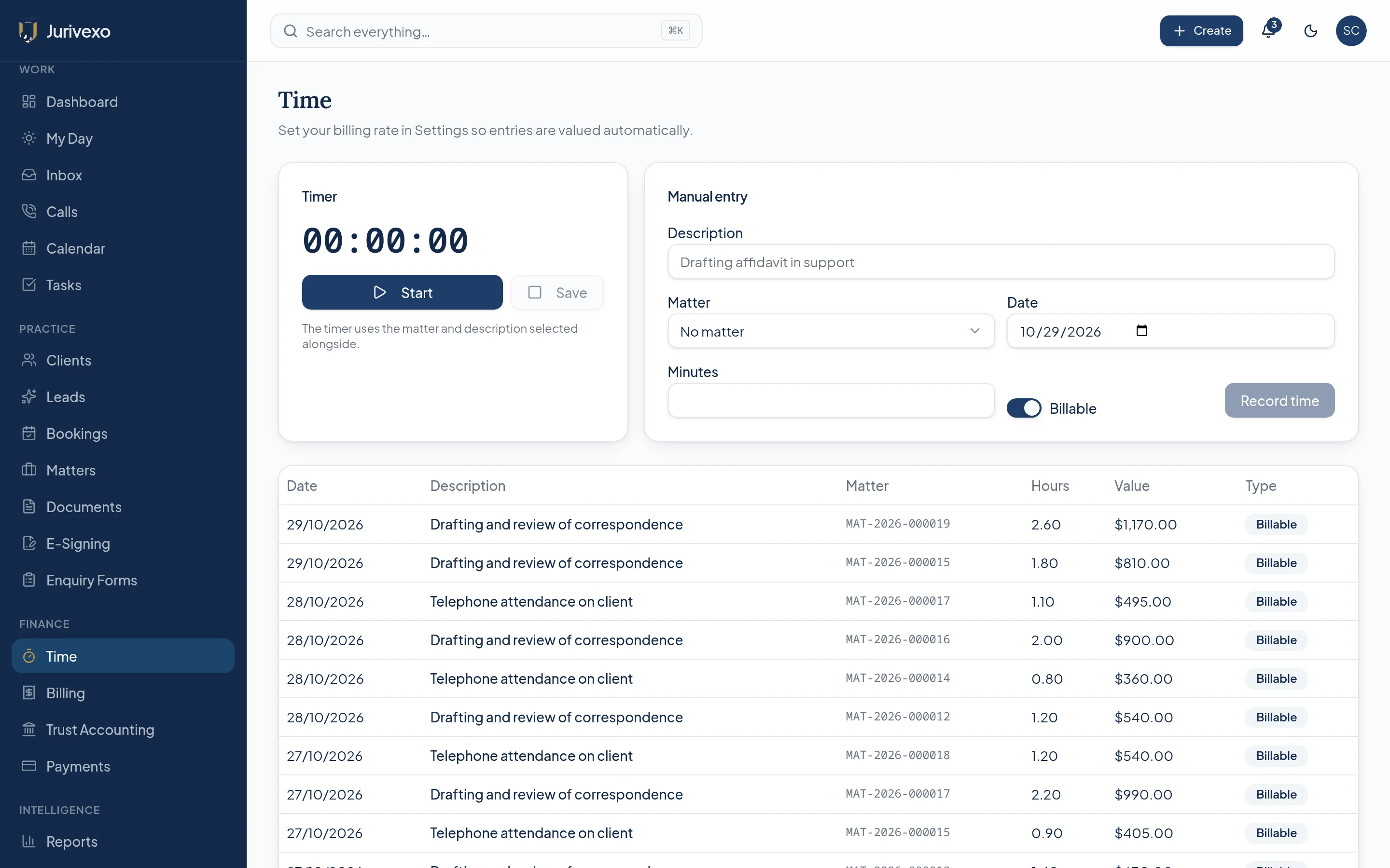 Jurivexo time recording screen with draft and recorded entries against demonstration matters